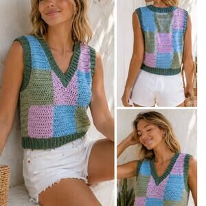 Handmade Sweater Vest Patchwork Block Grandmacore Boho Homemade Indie OS